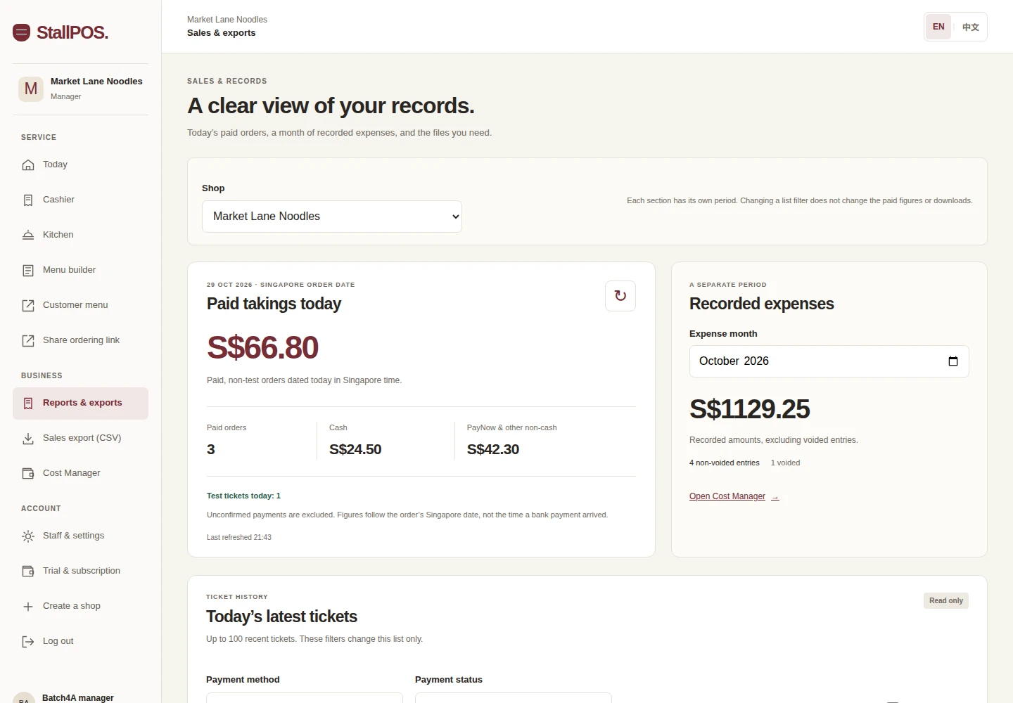 Redesigned sales screen showing paid takings and payment breakdown. All figures are sample data.