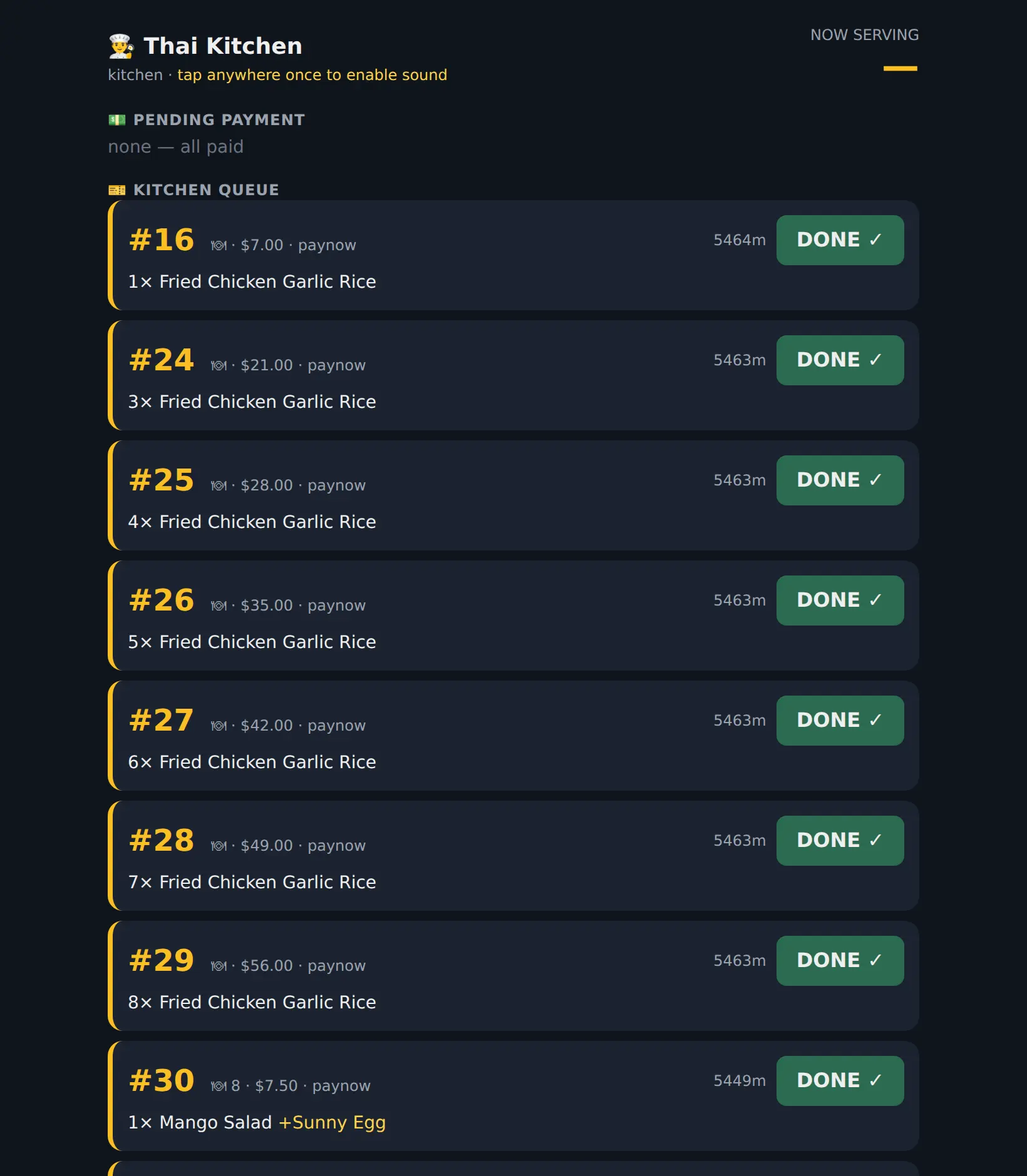 Kitchen screen with two live tickets: variants, add-ons, notes and PAID states